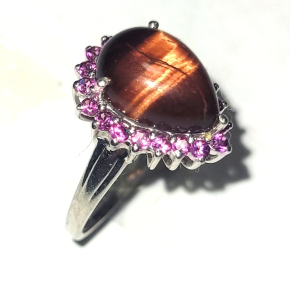 Ring 5 Tiger eye w Pink Crystal Halo Sterling silver - Picture 1 of 6